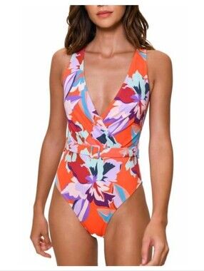 NEW HUTCH meela belted one piece swimsuit in orange abstract floral XS